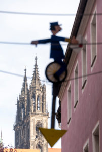 Germany, Saxony, Meissen, view of the Meissen Cathedral with figure of a high wire artist. Germany, Saxony, Meissen, view of the Meissen Cathedral with figure of a high wire artist.